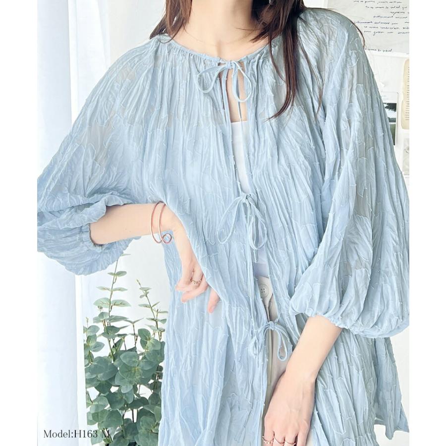 トップス ブラウス レディース ほどよい 透け感 前後 2way ボリュームスリーブ 三段 リボン シアー ジャガード クリンクル 加工 シャツ | classicalelf | 13