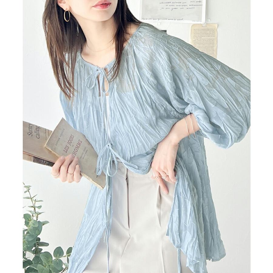 トップス ブラウス レディース ほどよい 透け感 前後 2way ボリュームスリーブ 三段 リボン シアー ジャガード クリンクル 加工 シャツ | classicalelf | 14