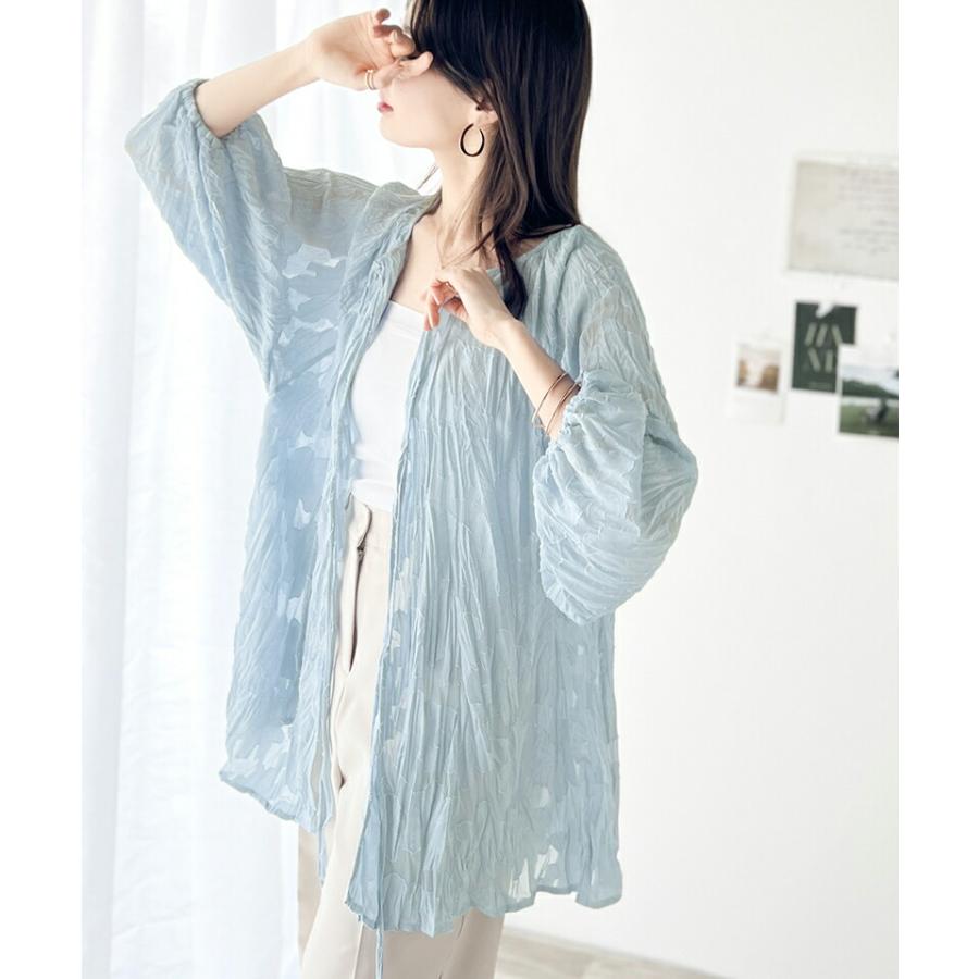 トップス ブラウス レディース ほどよい 透け感 前後 2way ボリュームスリーブ 三段 リボン シアー ジャガード クリンクル 加工 シャツ | classicalelf | 15