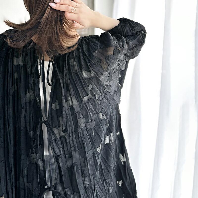 トップス ブラウス レディース ほどよい 透け感 前後 2way ボリュームスリーブ 三段 リボン シアー ジャガード クリンクル 加工 シャツ | classicalelf | 18