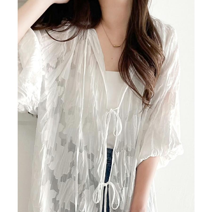 トップス ブラウス レディース ほどよい 透け感 前後 2way ボリュームスリーブ 三段 リボン シアー ジャガード クリンクル 加工 シャツ | classicalelf | 03