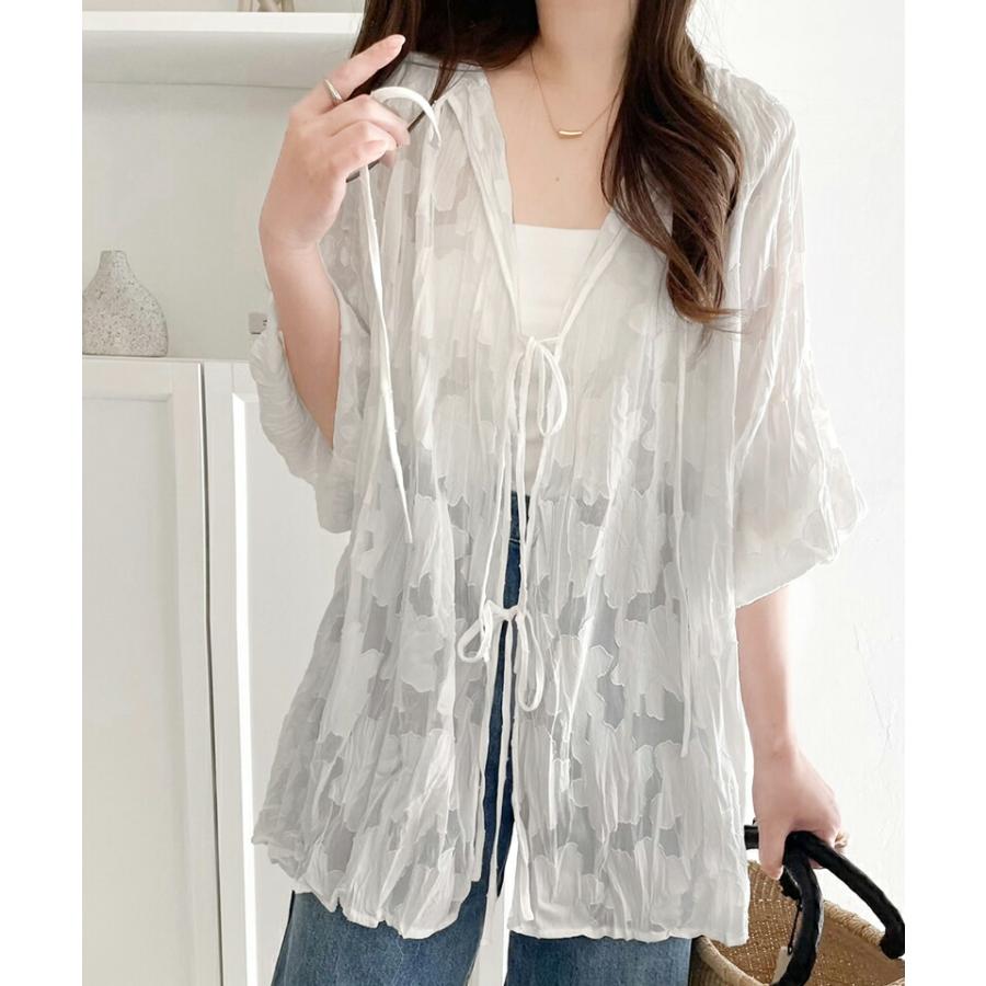 トップス ブラウス レディース ほどよい 透け感 前後 2way ボリュームスリーブ 三段 リボン シアー ジャガード クリンクル 加工 シャツ | classicalelf | 05