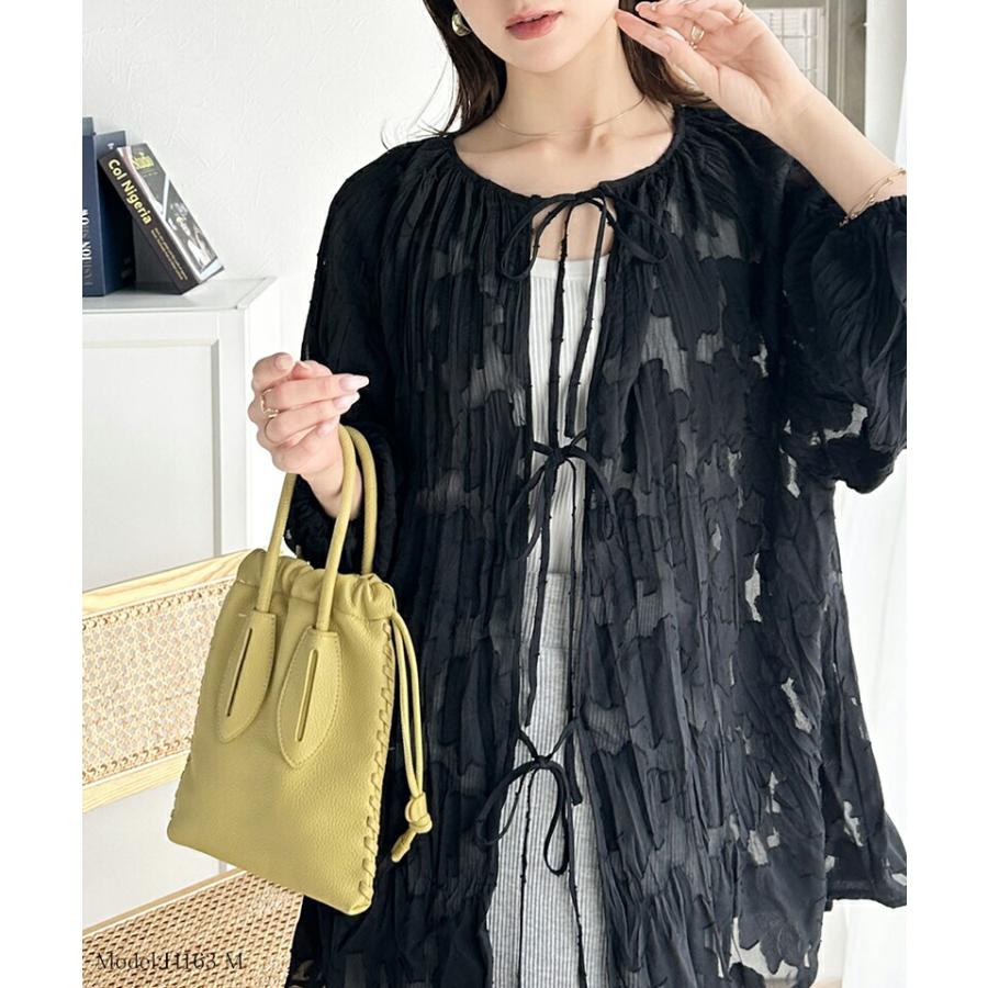 トップス ブラウス レディース ほどよい 透け感 前後 2way ボリュームスリーブ 三段 リボン シアー ジャガード クリンクル 加工 シャツ | classicalelf | 06