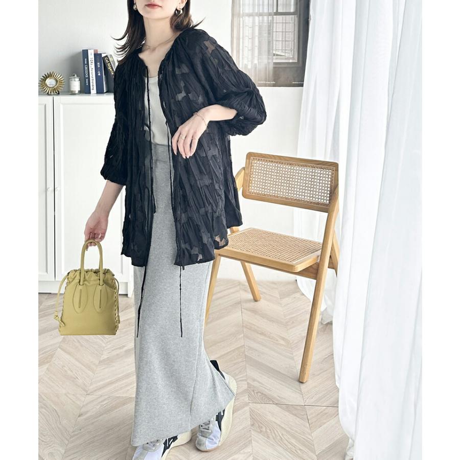 トップス ブラウス レディース ほどよい 透け感 前後 2way ボリュームスリーブ 三段 リボン シアー ジャガード クリンクル 加工 シャツ | classicalelf | 08