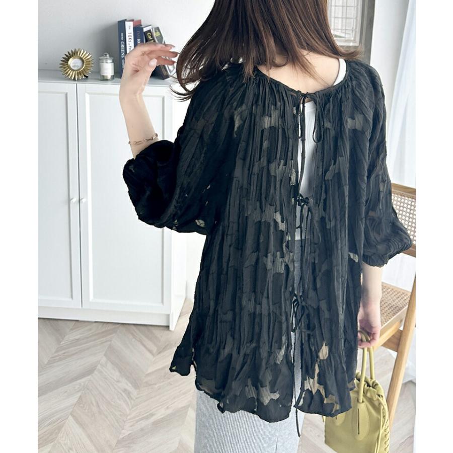 トップス ブラウス レディース ほどよい 透け感 前後 2way ボリュームスリーブ 三段 リボン シアー ジャガード クリンクル 加工 シャツ | classicalelf | 09