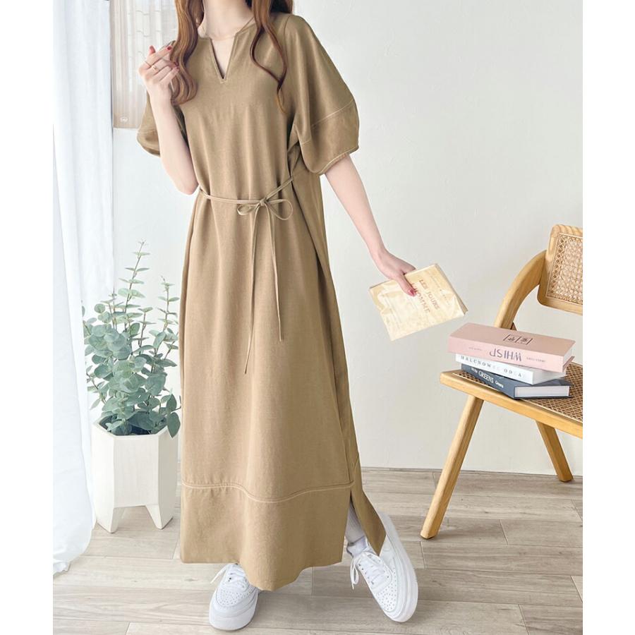 レディース ワンピース 前後 2way 配色 ステッチ ランタンスリーブ ウエスト リボン サイド スリット ふんわり A ライン デイリー | classicalelf | 11