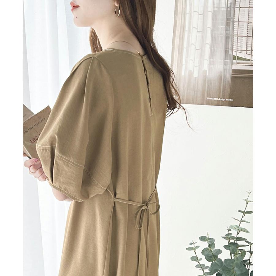 レディース ワンピース 前後 2way 配色 ステッチ ランタンスリーブ ウエスト リボン サイド スリット ふんわり A ライン デイリー | classicalelf | 12