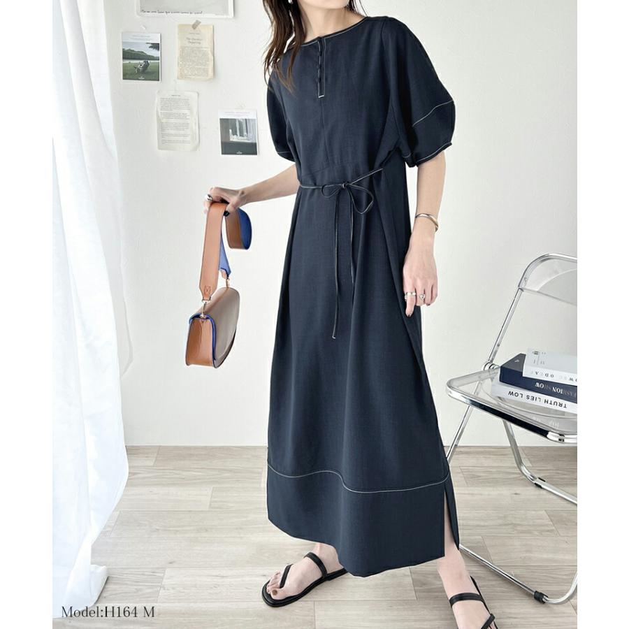 レディース ワンピース 前後 2way 配色 ステッチ ランタンスリーブ ウエスト リボン サイド スリット ふんわり A ライン デイリー | classicalelf | 13