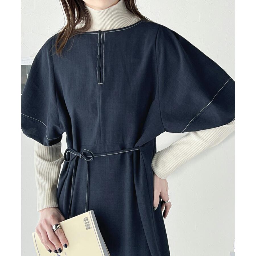 レディース ワンピース 前後 2way 配色 ステッチ ランタンスリーブ ウエスト リボン サイド スリット ふんわり A ライン デイリー | classicalelf | 14