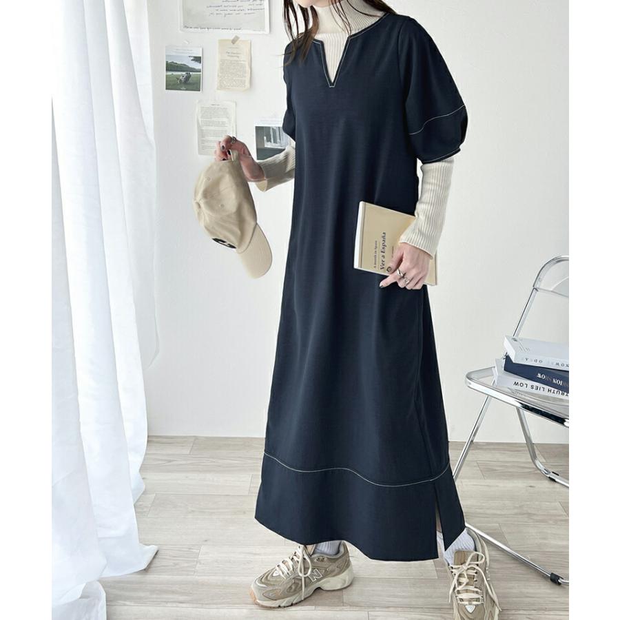 レディース ワンピース 前後 2way 配色 ステッチ ランタンスリーブ ウエスト リボン サイド スリット ふんわり A ライン デイリー | classicalelf | 15