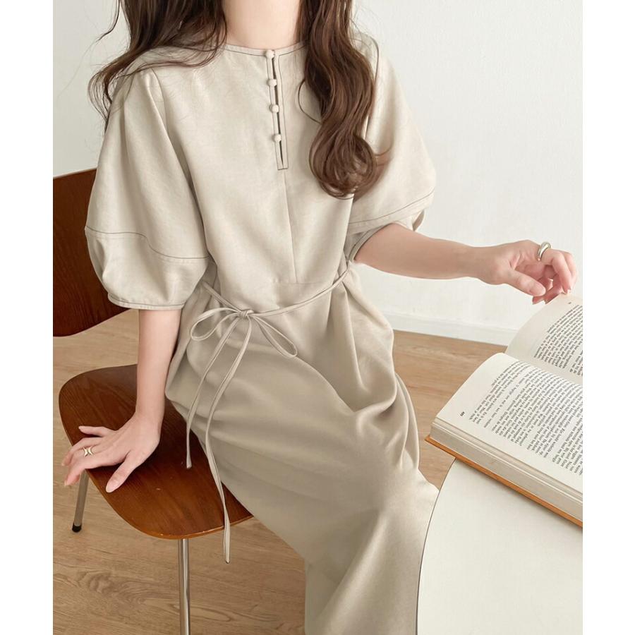 レディース ワンピース 前後 2way 配色 ステッチ ランタンスリーブ ウエスト リボン サイド スリット ふんわり A ライン デイリー | classicalelf | 18