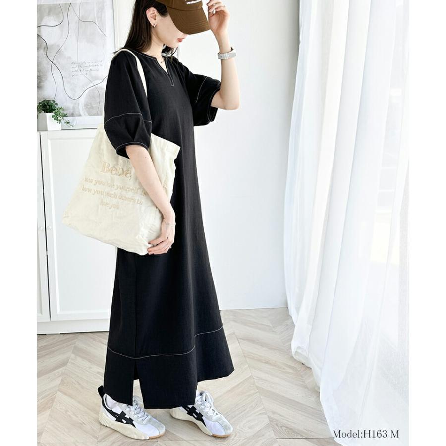 レディース ワンピース 前後 2way 配色 ステッチ ランタンスリーブ ウエスト リボン サイド スリット ふんわり A ライン デイリー | classicalelf | 02