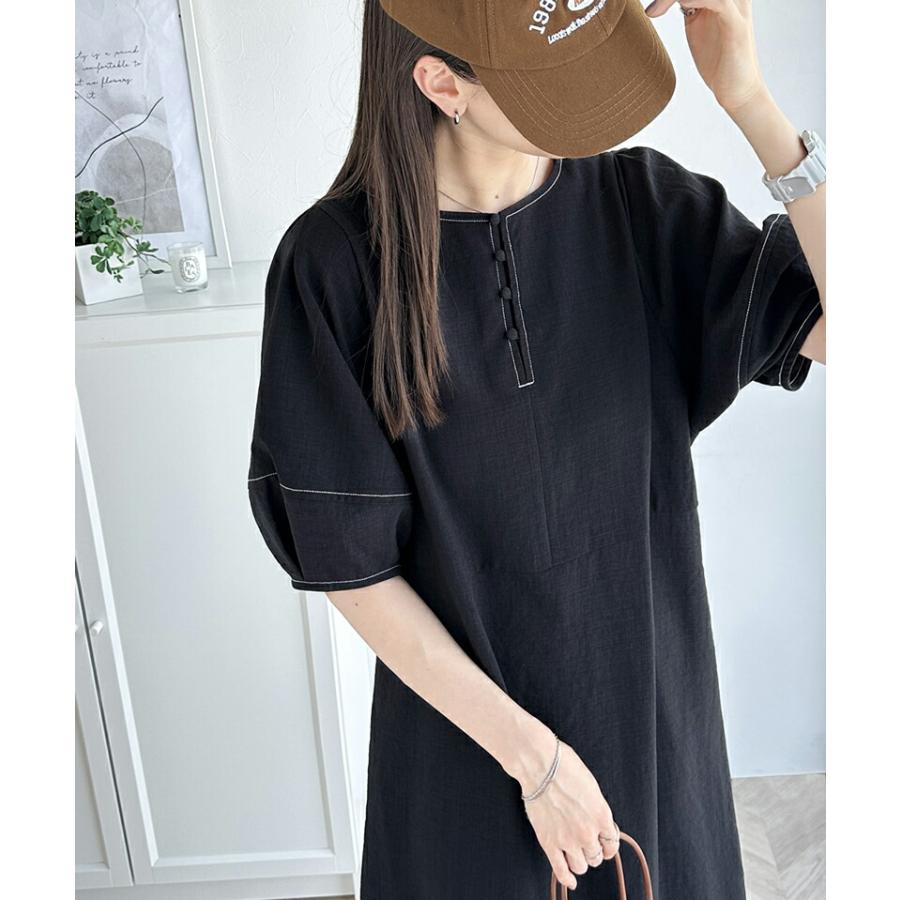 レディース ワンピース 前後 2way 配色 ステッチ ランタンスリーブ ウエスト リボン サイド スリット ふんわり A ライン デイリー | classicalelf | 03