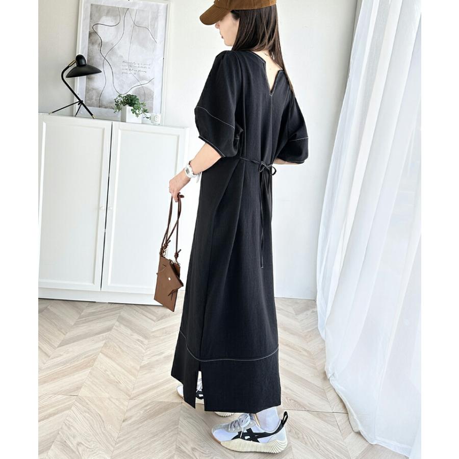 レディース ワンピース 前後 2way 配色 ステッチ ランタンスリーブ ウエスト リボン サイド スリット ふんわり A ライン デイリー | classicalelf | 04