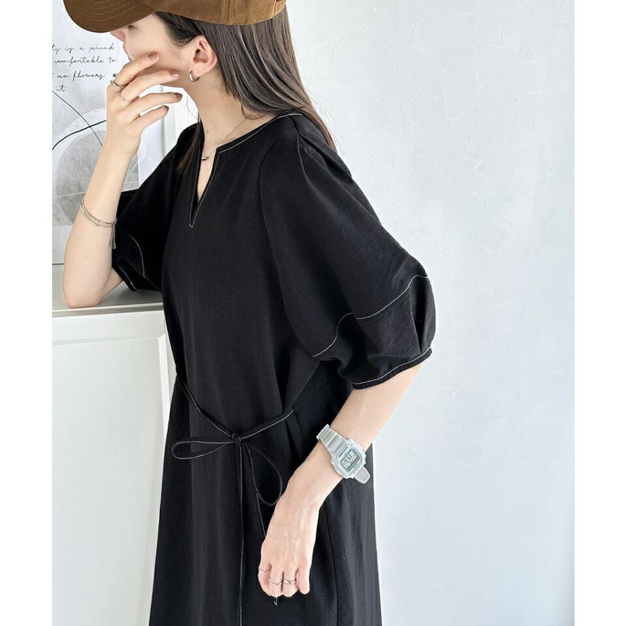 レディース ワンピース 前後 2way 配色 ステッチ ランタンスリーブ ウエスト リボン サイド スリット ふんわり A ライン デイリー | classicalelf | 05