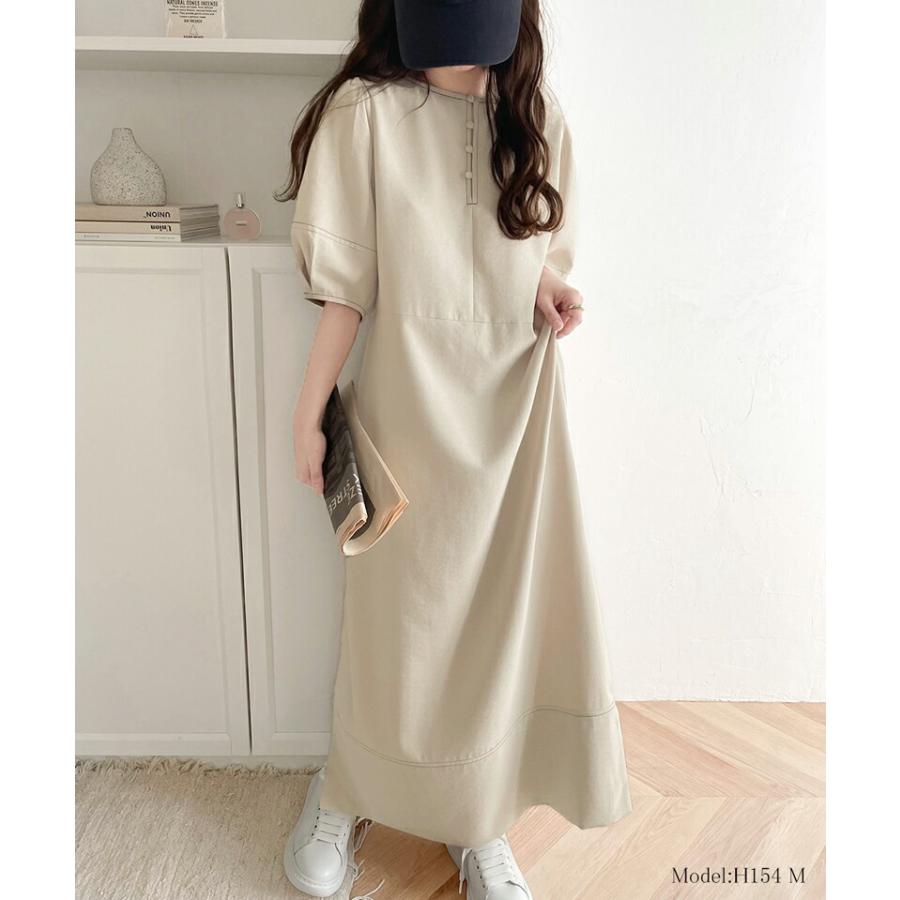 レディース ワンピース 前後 2way 配色 ステッチ ランタンスリーブ ウエスト リボン サイド スリット ふんわり A ライン デイリー | classicalelf | 06