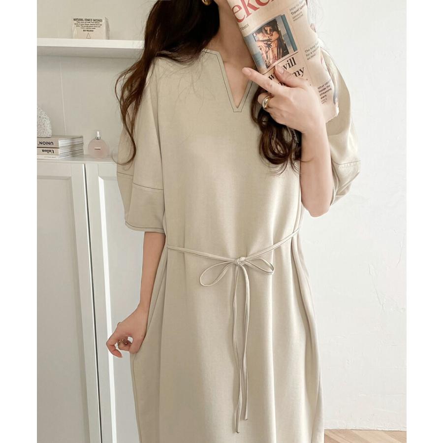 レディース ワンピース 前後 2way 配色 ステッチ ランタンスリーブ ウエスト リボン サイド スリット ふんわり A ライン デイリー | classicalelf | 07