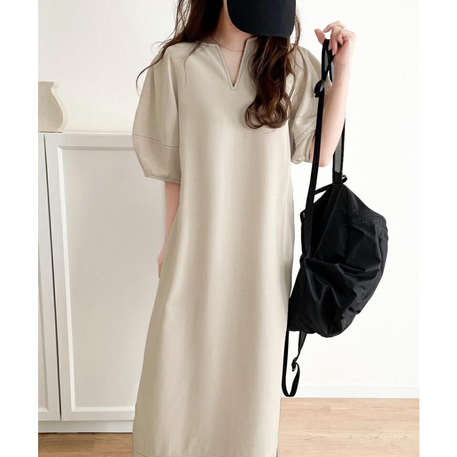 レディース ワンピース 前後 2way 配色 ステッチ ランタンスリーブ ウエスト リボン サイド スリット ふんわり A ライン デイリー | classicalelf | 08