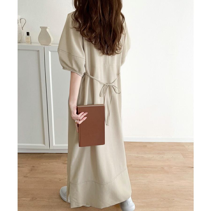 レディース ワンピース 前後 2way 配色 ステッチ ランタンスリーブ ウエスト リボン サイド スリット ふんわり A ライン デイリー | classicalelf | 09