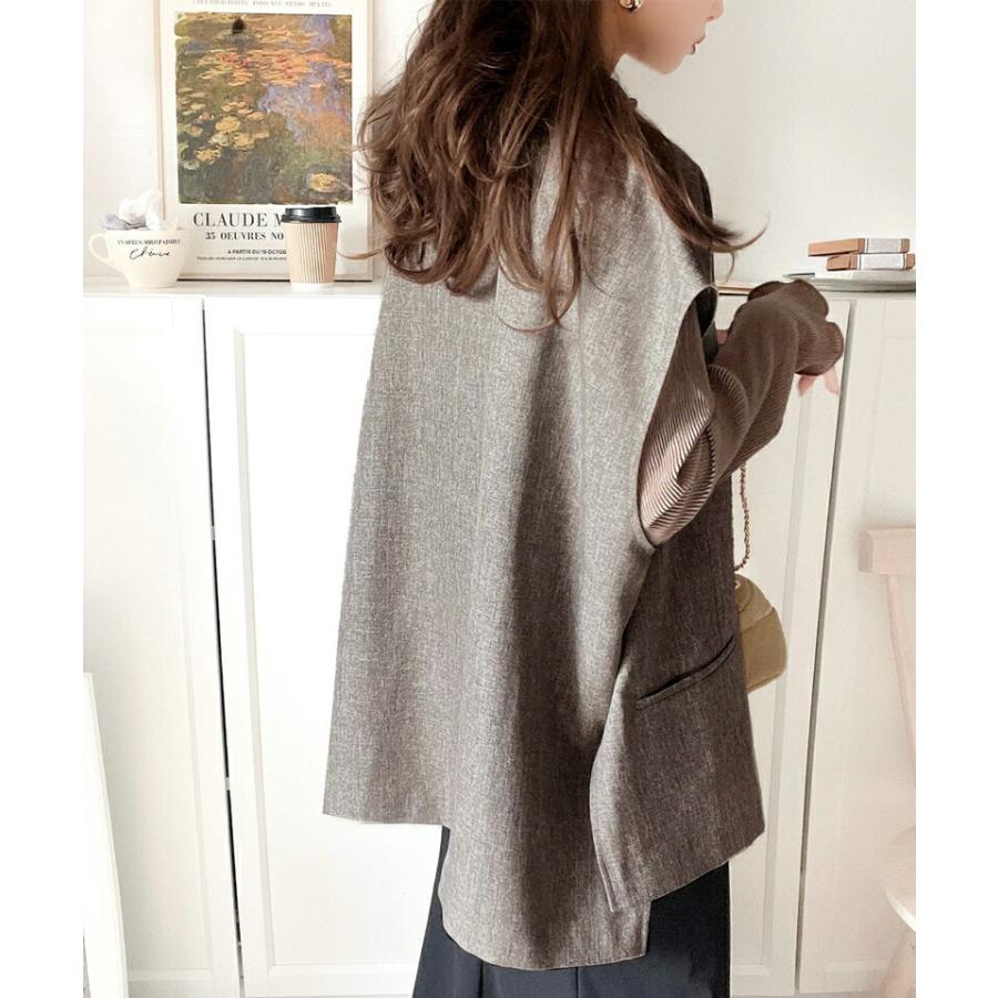 トップス ベスト レディース ジレ サイドスリット オーバーシルエット ダブル テーラー衿 ゆったり 袖なし きれいめ 重ね着 襟付き 羽織り | classicalelf | 10