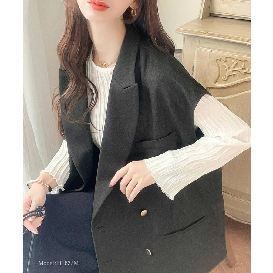 トップス ベスト レディース ジレ サイドスリット オーバーシルエット ダブル テーラー衿 ゆったり 袖なし きれいめ 重ね着 襟付き 羽織り | classicalelf | 11