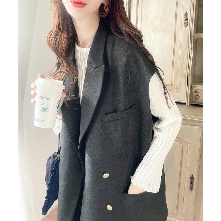 トップス ベスト レディース ジレ サイドスリット オーバーシルエット ダブル テーラー衿 ゆったり 袖なし きれいめ 重ね着 襟付き 羽織り | classicalelf | 12