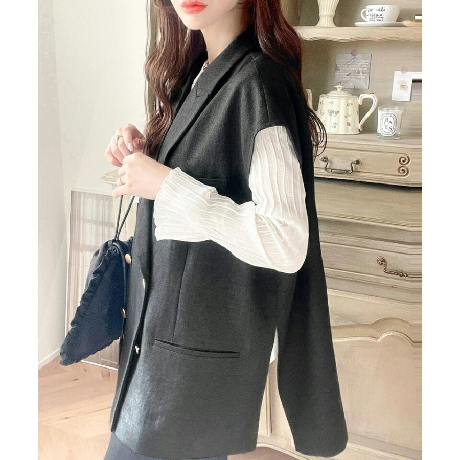 トップス ベスト レディース ジレ サイドスリット オーバーシルエット ダブル テーラー衿 ゆったり 袖なし きれいめ 重ね着 襟付き 羽織り | classicalelf | 13