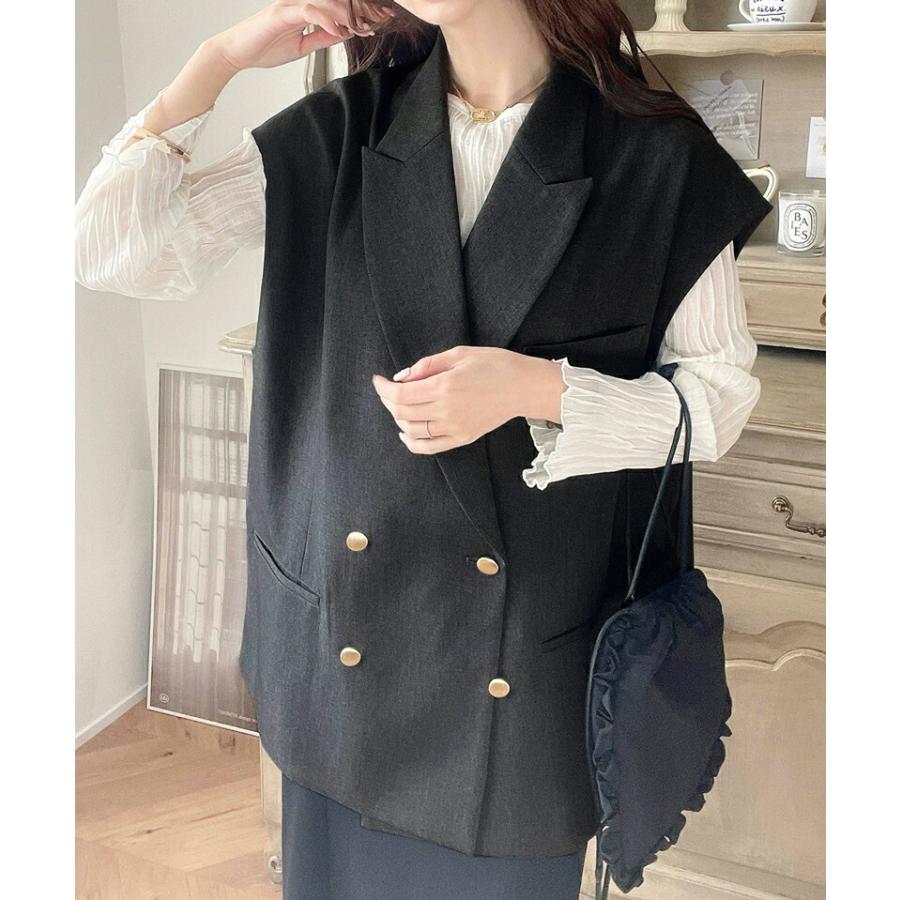 トップス ベスト レディース ジレ サイドスリット オーバーシルエット ダブル テーラー衿 ゆったり 袖なし きれいめ 重ね着 襟付き 羽織り | classicalelf | 14