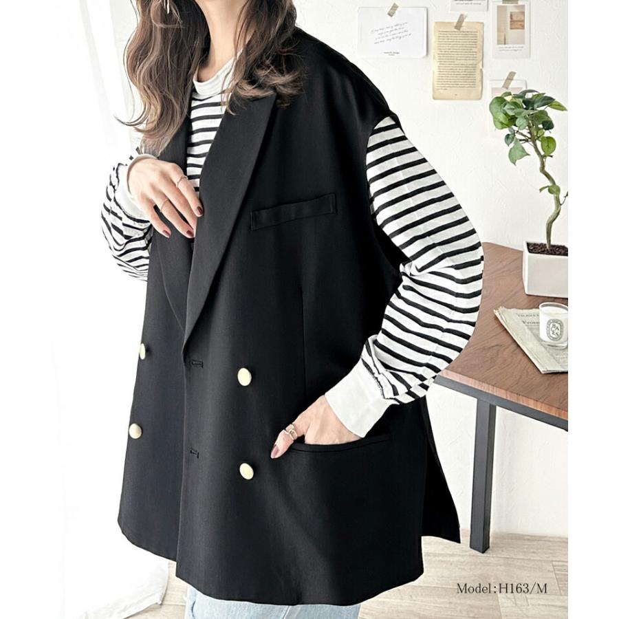 トップス ベスト レディース ジレ サイドスリット オーバーシルエット ダブル テーラー衿 ゆったり 袖なし きれいめ 重ね着 襟付き 羽織り | classicalelf | 15