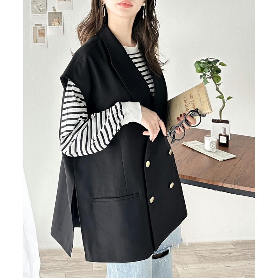 トップス ベスト レディース ジレ サイドスリット オーバーシルエット ダブル テーラー衿 ゆったり 袖なし きれいめ 重ね着 襟付き 羽織り | classicalelf | 16