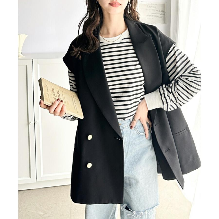 トップス ベスト レディース ジレ サイドスリット オーバーシルエット ダブル テーラー衿 ゆったり 袖なし きれいめ 重ね着 襟付き 羽織り | classicalelf | 17