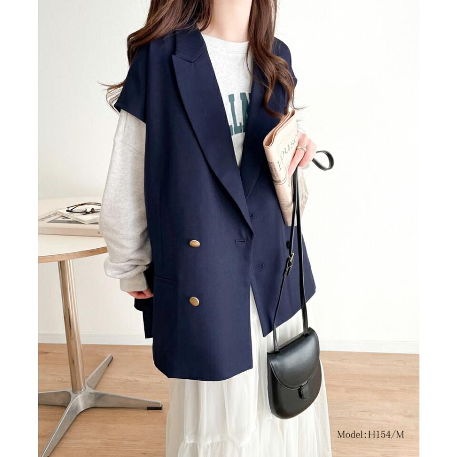 トップス ベスト レディース ジレ サイドスリット オーバーシルエット ダブル テーラー衿 ゆったり 袖なし きれいめ 重ね着 襟付き 羽織り | classicalelf | 02