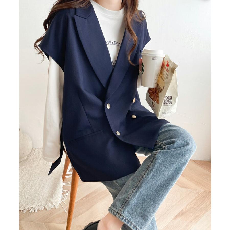 トップス ベスト レディース ジレ サイドスリット オーバーシルエット ダブル テーラー衿 ゆったり 袖なし きれいめ 重ね着 襟付き 羽織り | classicalelf | 03