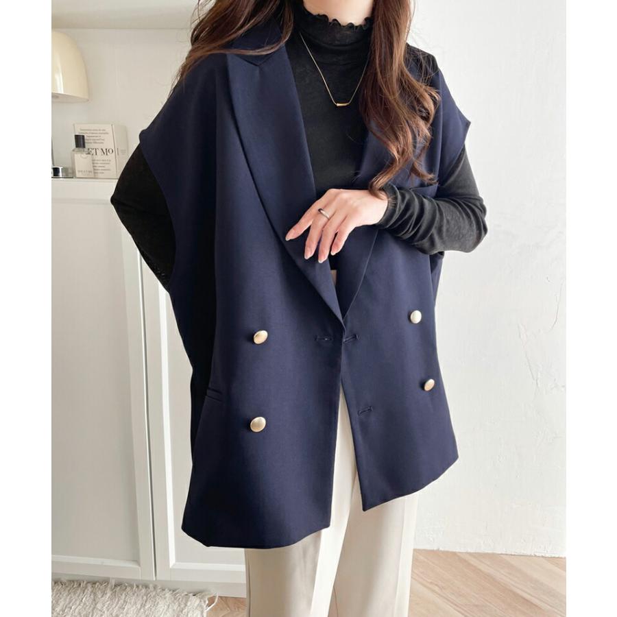 トップス ベスト レディース ジレ サイドスリット オーバーシルエット ダブル テーラー衿 ゆったり 袖なし きれいめ 重ね着 襟付き 羽織り | classicalelf | 04