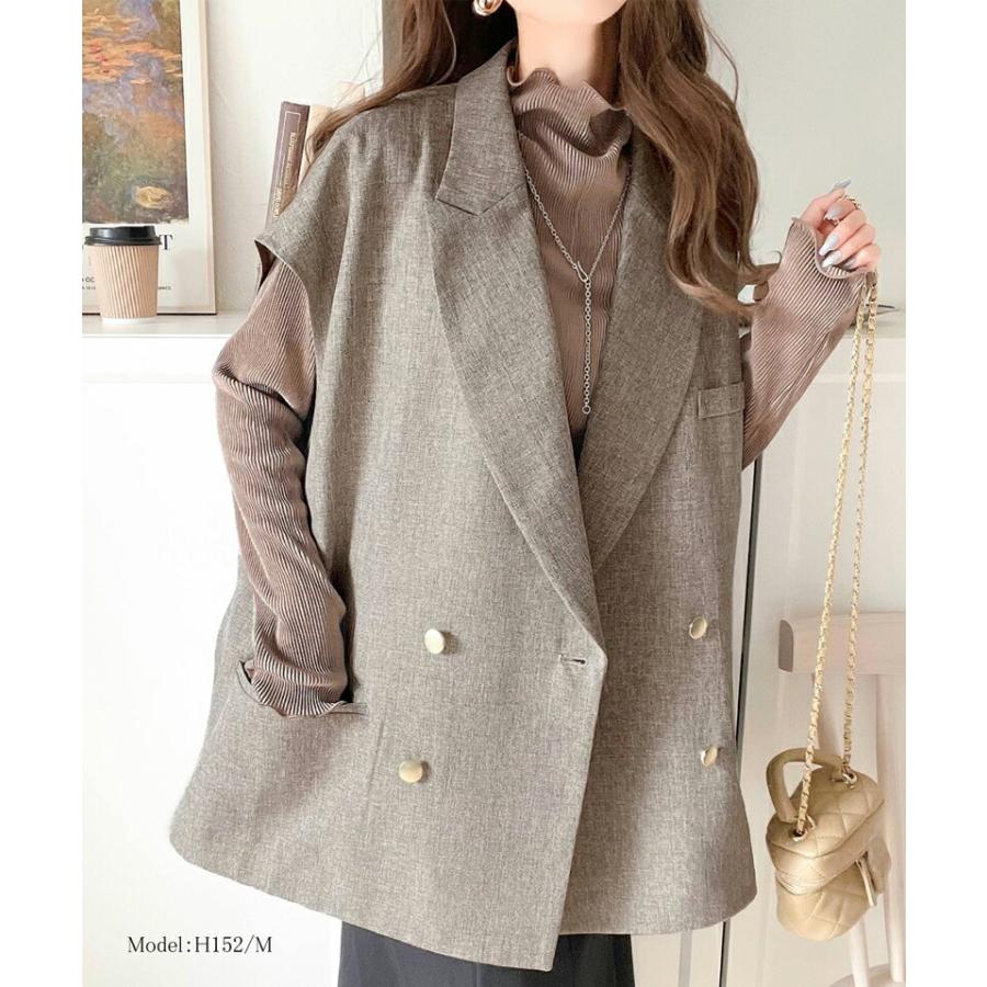 トップス ベスト レディース ジレ サイドスリット オーバーシルエット ダブル テーラー衿 ゆったり 袖なし きれいめ 重ね着 襟付き 羽織り | classicalelf | 06