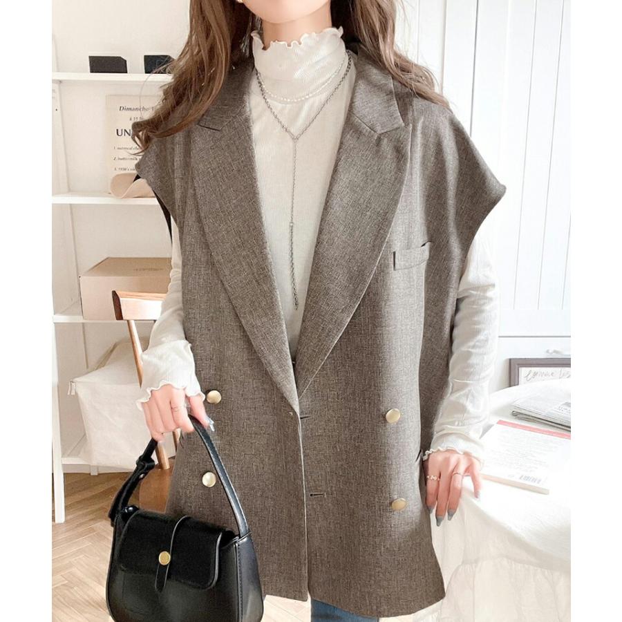 トップス ベスト レディース ジレ サイドスリット オーバーシルエット ダブル テーラー衿 ゆったり 袖なし きれいめ 重ね着 襟付き 羽織り | classicalelf | 07