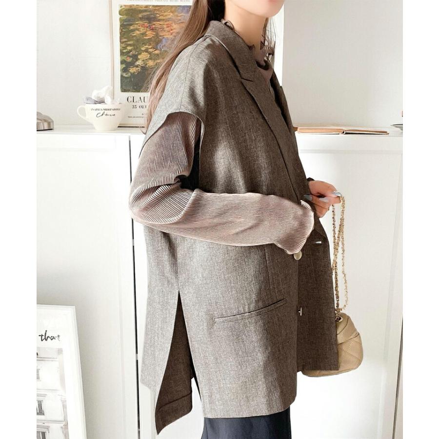 トップス ベスト レディース ジレ サイドスリット オーバーシルエット ダブル テーラー衿 ゆったり 袖なし きれいめ 重ね着 襟付き 羽織り | classicalelf | 09