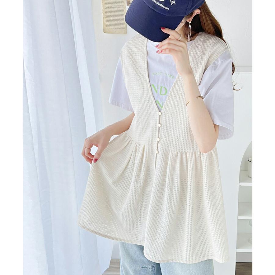 トップス ベスト レディース 前後 2way ペプラム デザイン ジレ ふんわり 切替 ギャザー 凸凹素材 レース 透け感 体型カバー レイヤードコーデ | classicalelf | 03