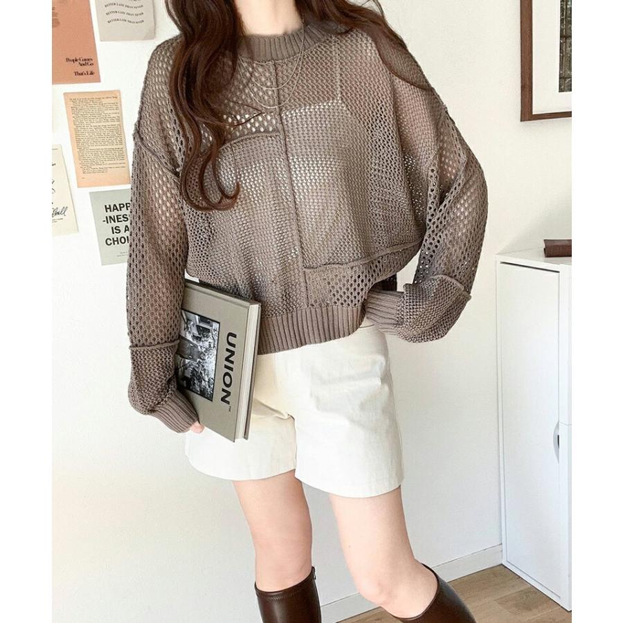 トップス セーター レディース リメイク風 前後 2way メッシュ 切り替え ニット プルオーバー ボリューム 袖 ゆったり ビッグシルエット | classicalelf | 12
