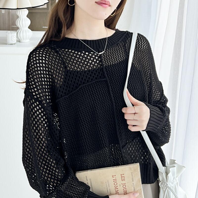 トップス セーター レディース リメイク風 前後 2way メッシュ 切り替え ニット プルオーバー ボリューム 袖 ゆったり ビッグシルエット | classicalelf | 18