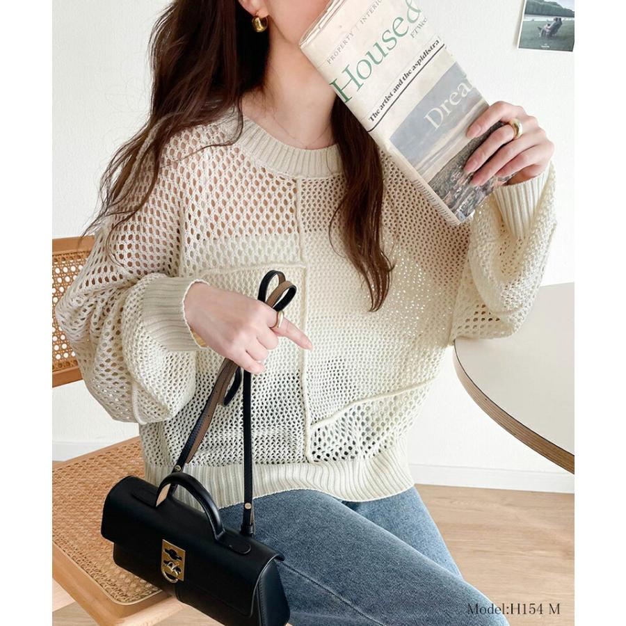トップス セーター レディース リメイク風 前後 2way メッシュ 切り替え ニット プルオーバー ボリューム 袖 ゆったり ビッグシルエット | classicalelf | 02
