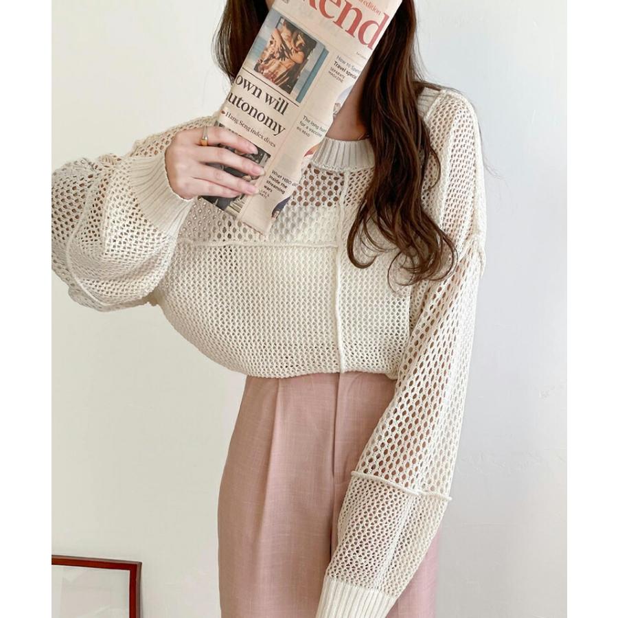 トップス セーター レディース リメイク風 前後 2way メッシュ 切り替え ニット プルオーバー ボリューム 袖 ゆったり ビッグシルエット | classicalelf | 03