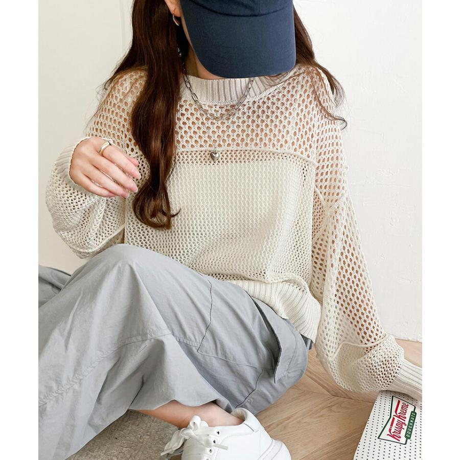 トップス セーター レディース リメイク風 前後 2way メッシュ 切り替え ニット プルオーバー ボリューム 袖 ゆったり ビッグシルエット | classicalelf | 05
