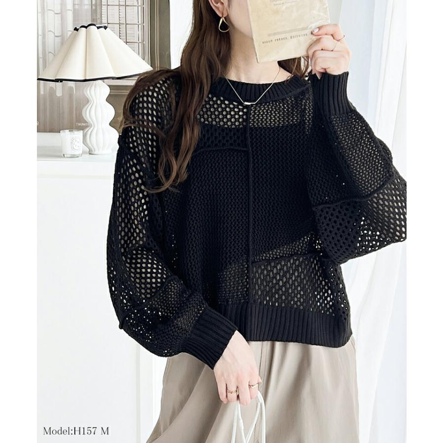 トップス セーター レディース リメイク風 前後 2way メッシュ 切り替え ニット プルオーバー ボリューム 袖 ゆったり ビッグシルエット | classicalelf | 06