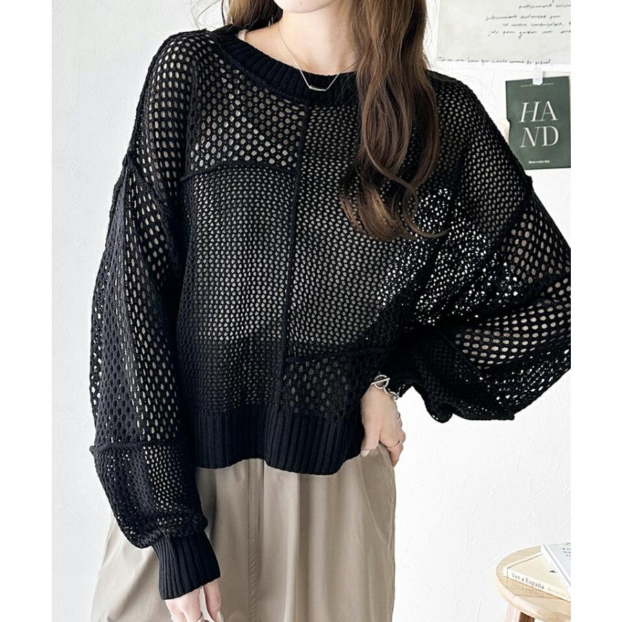 トップス セーター レディース リメイク風 前後 2way メッシュ 切り替え ニット プルオーバー ボリューム 袖 ゆったり ビッグシルエット | classicalelf | 07