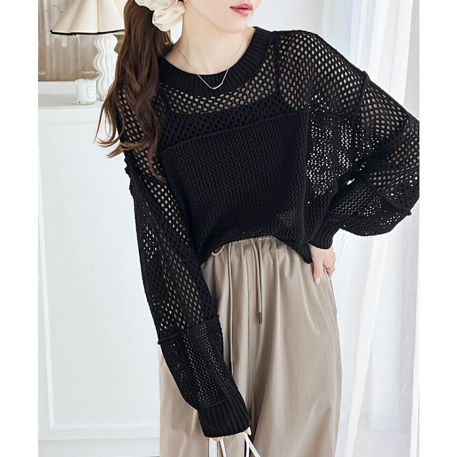 トップス セーター レディース リメイク風 前後 2way メッシュ 切り替え ニット プルオーバー ボリューム 袖 ゆったり ビッグシルエット | classicalelf | 09