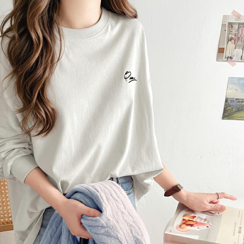 トップス Tシャツ レディース シンプル カジュアル 綿 100% ワンポイント 胸 刺繍 シンプル ロング Tee オーバーサイズ 着回し | classicalelf