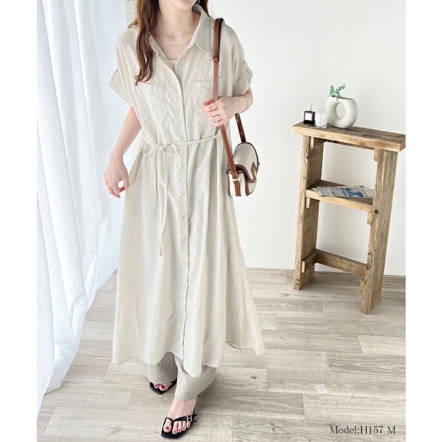 ワンピース レディース エアリー タッチ シャツ ワンピ UVカット 吸水速乾 PL気流染め 綿タッチ ウエスト リボン 袖 ロールアップ 体型カバー | classicalelf | 02