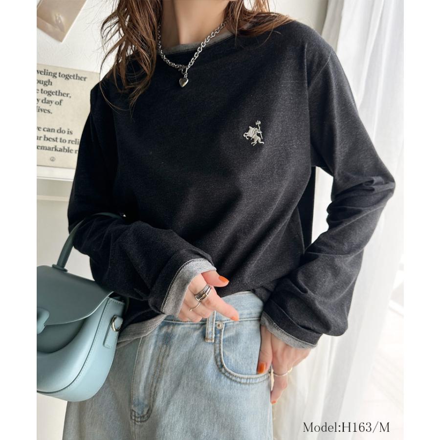 トップス Tシャツ レディース 長袖 ロンT 綿100% バイカラー ワンポイント 刺繍 ヴィンテージライク 配色 レイヤードコーデ メンズ ユニセックス | classicalelf | 05