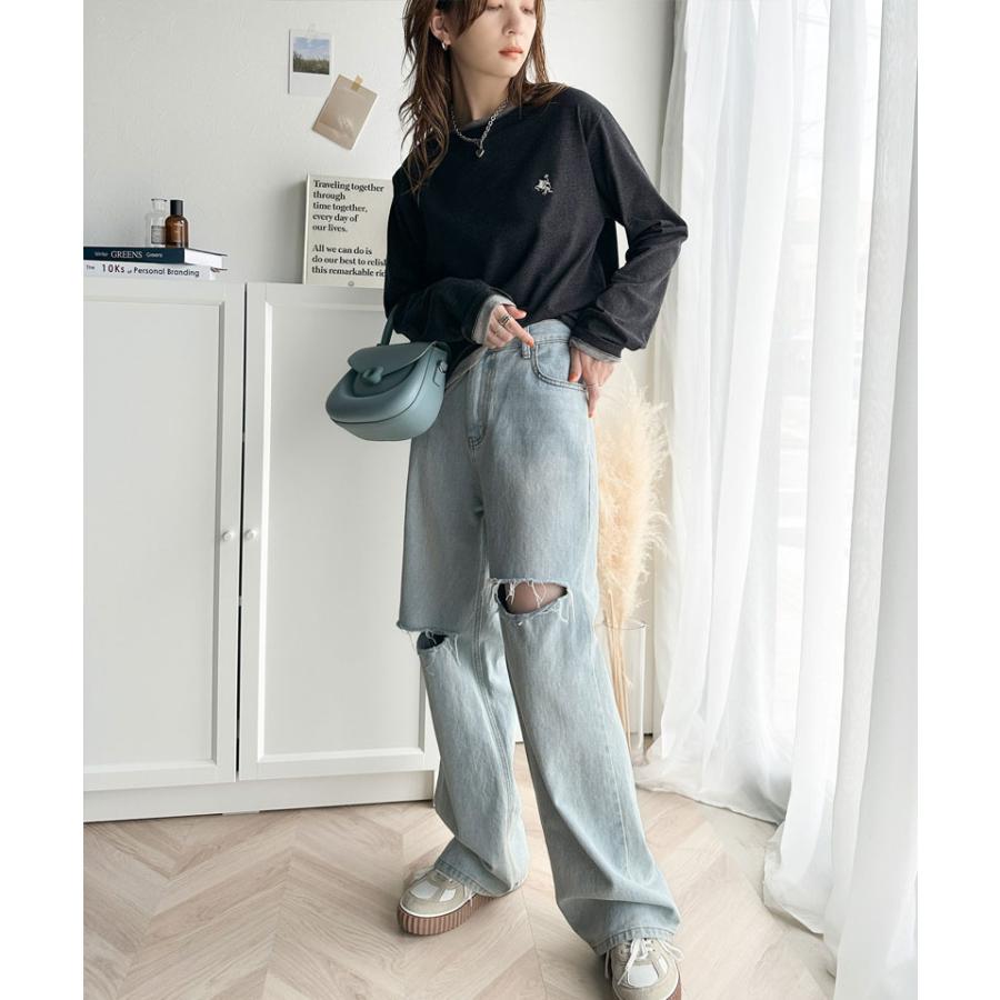 トップス Tシャツ レディース 長袖 ロンT 綿100% バイカラー ワンポイント 刺繍 ヴィンテージライク 配色 レイヤードコーデ メンズ ユニセックス | classicalelf | 07